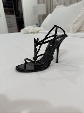 Yves Saint Laurent Black Patent Strappy Stiletto Sandals with Logo T-Detail